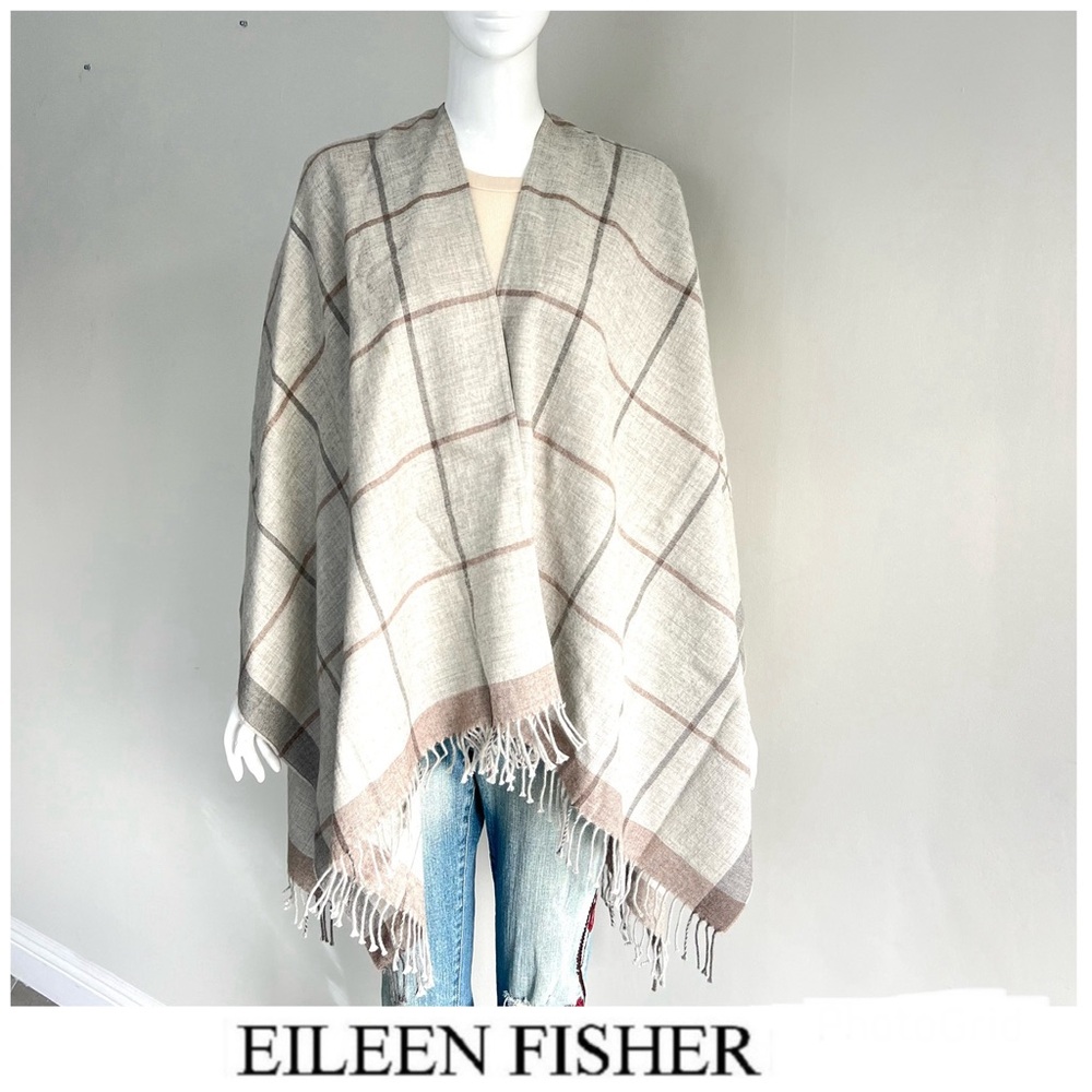 EILEEN FISHER Gray 100% Alpaca Plaid Checkered Fringed Shawl Wrap Cape Poncho
